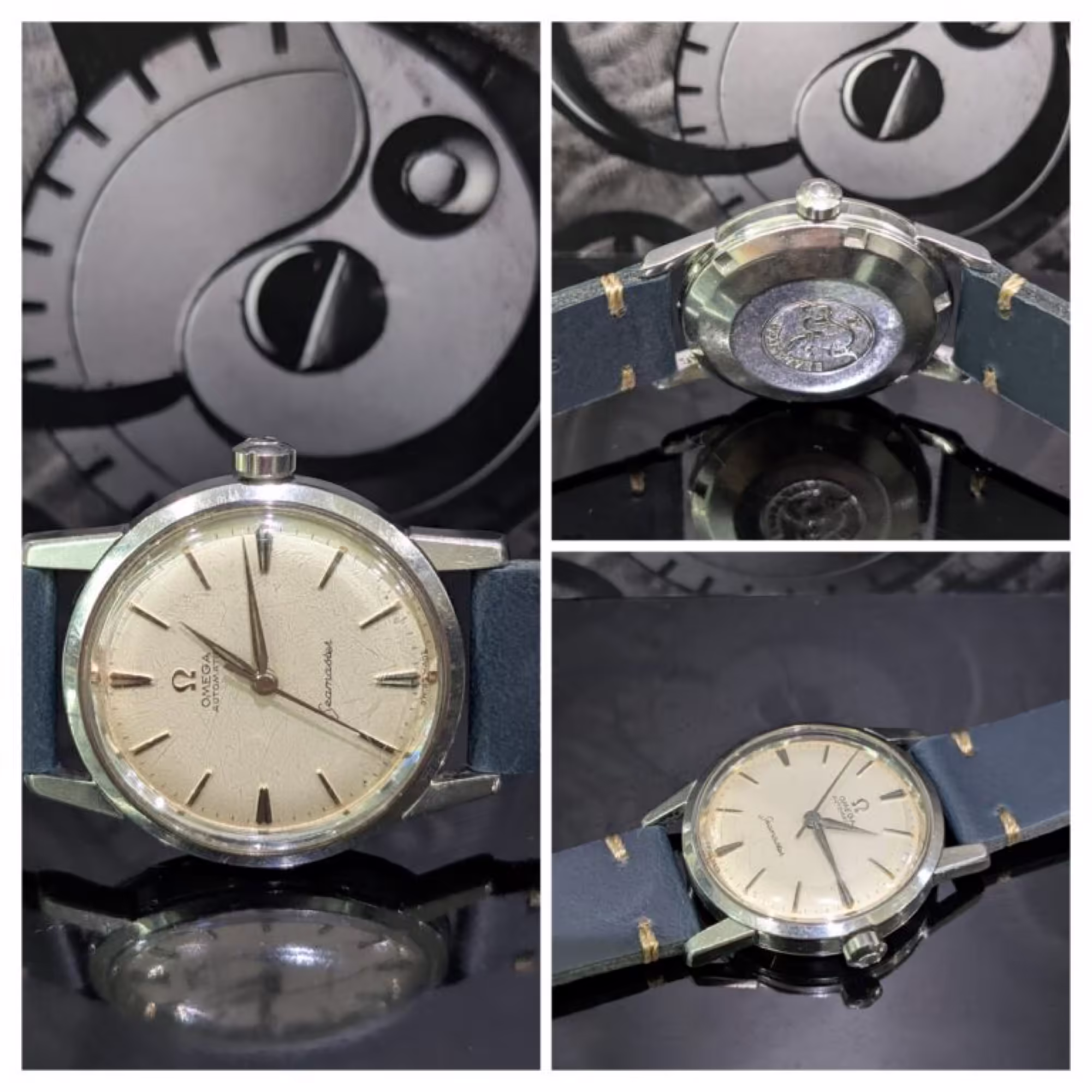 Vintage Omega Seamaster shown front, case back and on the wrist